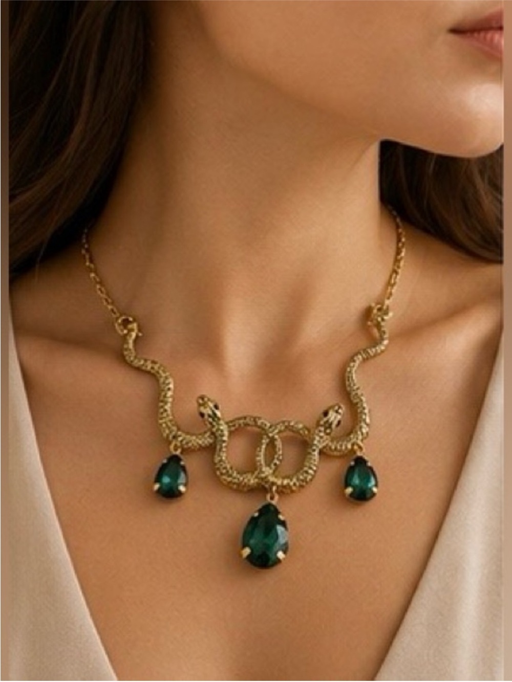 Emerald Green Crystal Snake Statement Necklace Gold Tone Vintage Inspired